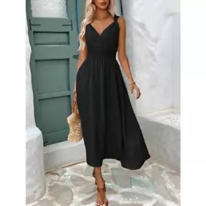 Women's Dress Sleeveless V-Neck Button Up Solid Color High Waist Long Dress - Picture 1 of 5
