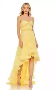 Mac Duggal Lemon Yellow Strapless Embellished High Low Ruffle Gown Size 20 $498 - Picture 1 of 3