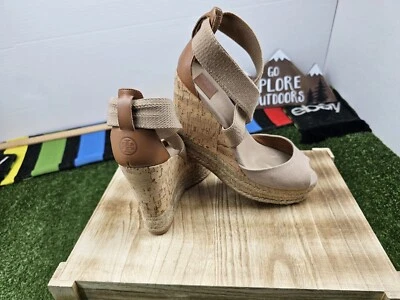 Tory Burch Mujer 7.5 Cuña Sandalias Corcho Alpargata Peep Toe Cuero Tostado Foto 1 de 4