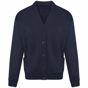 Boys Girls Navy Blue V Neck School Cardigan Fleece Buttoned Long Sleeve Jumper - Picture 1 of 1