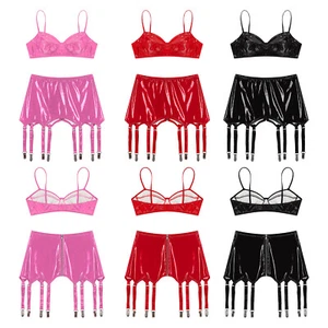 Womens Lingerie Set Sexy Crop Top Vest Miniskirt Outfit Outfits Shiny Clubwear - Picture 1 of 50