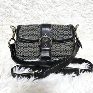 COACH 1466 Soho Mini Shoulder Bag Leather Canvas Signature Gray Black Used Japan - Picture 1 of 15