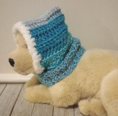 crochet handmade dog pet hood hat snood small medium breed sky blue new - Image 1 of 4