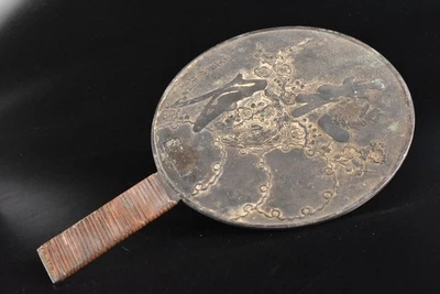T9096: Antiguo espejo antiguo japonés escultura de ciruela de cobre espejo de mano Foto 1 de 4