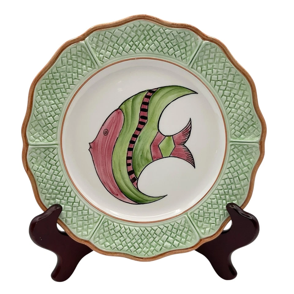 Juego de 4 platos de ensalada de pescado escala palma Vietri Oasi Italia 8" pintados a mano años 90 Foto 1 de 4