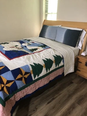 Christmas Tree Star Snowman Quilt Cottage Colorful Patchwork Cotton Queen 88x98" - Image 1 of 4