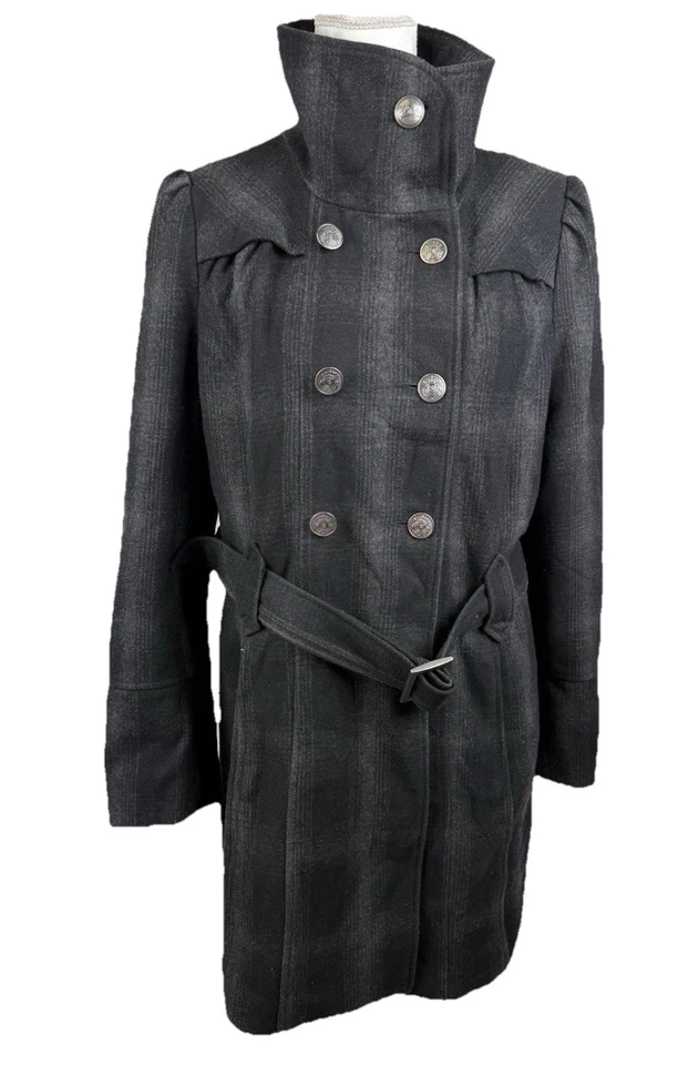 Abrigo De Colección Y2K Negro Remache Mezcla Lana Mujer L Doble Pecho Cinturón Negro Gris Pla Foto 1 de 4