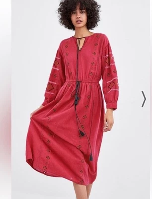Vestido Zara Bordado Boho Midi Talla XS Rojo Ladrillo/Naranja Foto 1 de 4