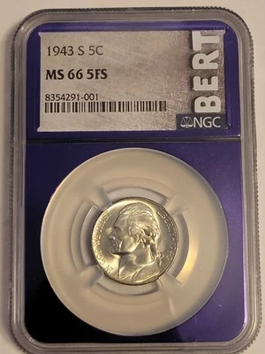 1943-S Silver Jefferson War Nickel,NGC MS66 5FS, PURPLE CORE BERT LABEL,GORGEOUS - Image 1 of 4
