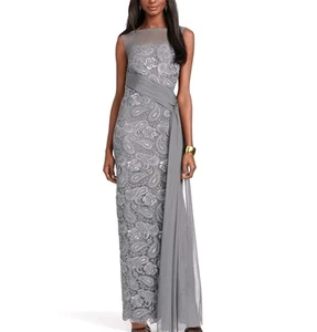 Ralph Lauren Evening Gown Tulle Dress Lace Paisley Size 0 Silver Gray With Sash - Picture 1 of 11