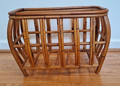 VTG Bamboo Rattan Magazine Rack Mid Century Stand Boho Indie - Image 1 of 4