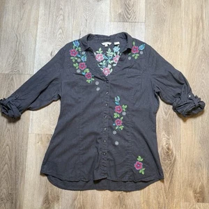 Stetson Women's Embroidered Floral Dark Gray Denim Western Shirt Blue XL Button - Picture 1 of 9