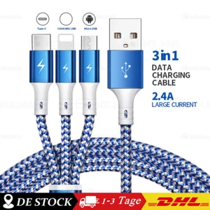 3stk Multi USB Kabel 3in1 Ladekabel Auto USB C Micro USB Dreifach Handy - Zdjęcie 1 z 10