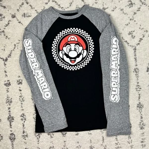 Super Mario Long Sleeve Jersey Size Large Boys T Shirt Black Gray Cotton Blend - Picture 1 of 7