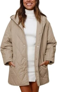 Women Oversized Snap Quilted Casual Hooded Loose Fit Winter Coat w/ Pockets Sz L - Picture 1 of 5