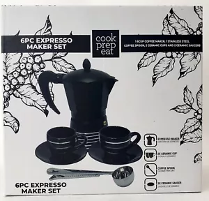 6 piece ESPRESSO MAKER SET by Cook Prep Eat 2 cups 2 suacers spoon & maker - Picture 1 of 19