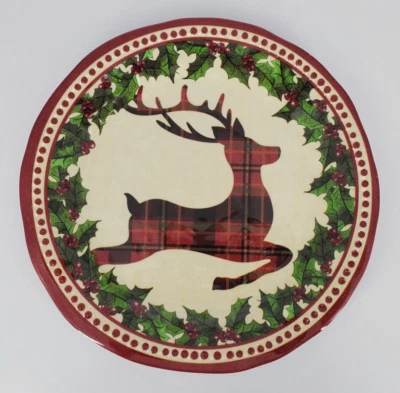 Plato de pan/ensalada de melamina de Navidad de 9" de acebo y clavo de reno a cuadros Foto 1 de 3