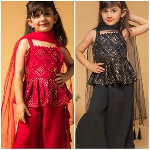 Vinishq Girls Indian Ethnic Heavy Sequence Sharara/Plazzo Dress With Dupatta Set - Picture 1 of 11