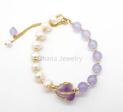 Lavender Jade Freshwater Pearl Amethyst Adjustable Copper Bracelet - 8 Pearls - Image 1 of 2