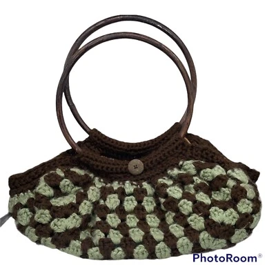 Cartera de ganchillo vintage marrón verde redonda de bambú hecha a mano forrada tigres reversible Foto 1 de 4