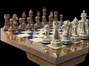 Chess Set Handmade Bronze Chessmen Solid Inlaid Chess Board / Gift for Dad๐ - Picture 1 of 10