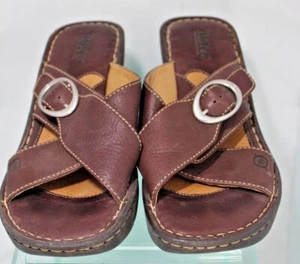 BORN Women's Wedge 2 3/4” Heel Sandals Brown Buckle Sz 9 M Slip On Leather Shoes - Picture 1 of 6
