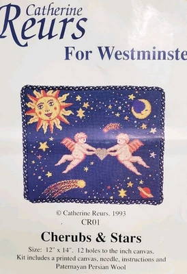 Catherine Reurs 12 x 14 Needlepoint Canvas CHERUBS & STARS Kit w/Paternayan 12ct - Image 1 of 4