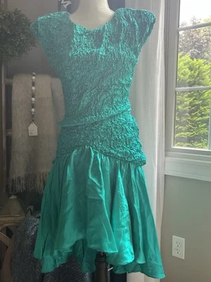 Vtg 70s Zum Zum Dress Green/Teal Satin Prom Gown Party Maxi Sz 3-4 - Image 1 of 4