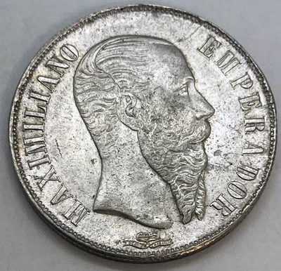 1866 Mo México 1 Peso Maximiliano I Imperio Mexicano KM#388 Plata .896 Oscuro a... Foto 1 de 2