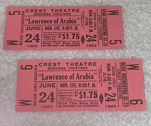 LAWRENCE OF ARABIA 2 UNUSED 1963 ORIGINAL CREST THEATER TICKETS Peter O'Toole pi - Picture 1 of 5