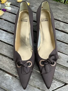 STUART WEITZMAN RUSSELL BROMLEY BROWN SATIN LEATHER KITTEN HEEL SHOES 39.5 6.5 - Picture 1 of 7