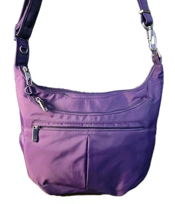 Travelon Womens Purple Anti Theft Classic Pockets Crossbody Slouch Hobo Bag - Image 1 of 4