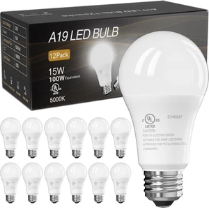 12 Pack A19 LED Light Bulbs 100W Equivalent 15W 5000K Daylight White 1500LM E26 - Picture 1 of 12