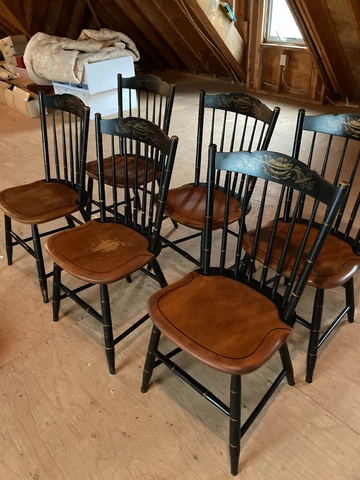 L.Hitchcock-2 SIGNED STENCILED BLACK SPINDLE BACK CHAIRS-Fine Cover