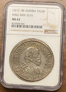 Top! 1612-18 Austria Maximilian III Silver Thaler Taler Coin NGC MS 63 UNC Rare! - Picture 1 of 2