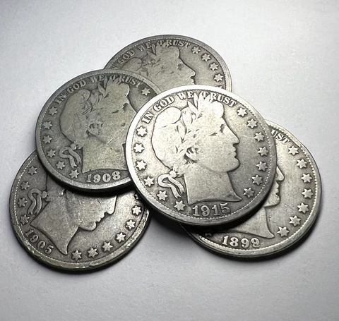 [Lot of 5] Barber Half Dollar Lot - 90% Silver. Free Next Day Shipping Cover