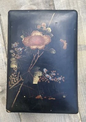 "Antigua caja japonesa de laca negra en flor de cerezo madera floral 7x5x1,75"" vintage" Foto 1 de 4