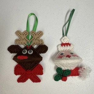 Vintage Christmas SANTA DEER Needlepoint Plastic Canvas Yarn Cross Stitch - Picture 1 of 4