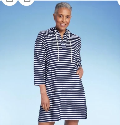 Traje de baño Lands' End para mujer a rayas cuello en V rizo con capucha talla pequeña Foto 1 de 3