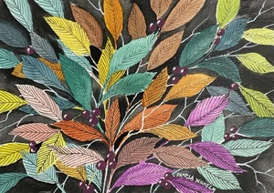 Pamela Wilhelm original 6”x8” acuarela y patrones de hojas de tinta hojas bayas - Imagen 1 de 3