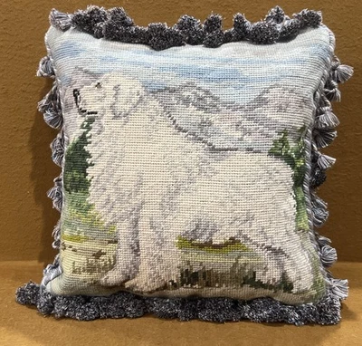 Needlepoint  Great Pyrenees dog Pillow With Tassels. Reverse Is Ivory In Color. - Image 1 of 4