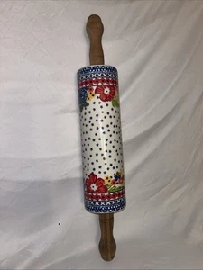 Pioneer Woman Dazzling Dahlias Retired Ceramic Rolling Pin Acacia Wood Handles - Picture 1 of 7