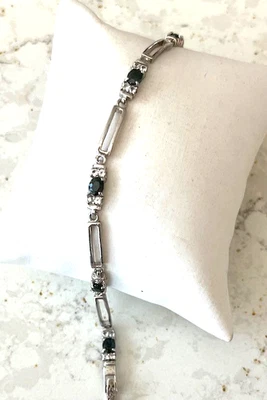 BLUE GREEN SAPPHIRE AND WHITE TOPAZ TENNIS BRACELET STERLING SILVER - Image 1 of 3