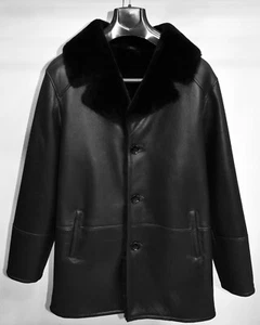 Herren schwarz echtes Schaffell Premium echtes Shearling Fell Mantel - Bild 1 von 4