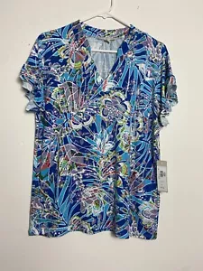 Sunny Leigh Women's Size M Multi Floral Print V Neck Ruffle Short Sleeve Top - Picture 1 of 7