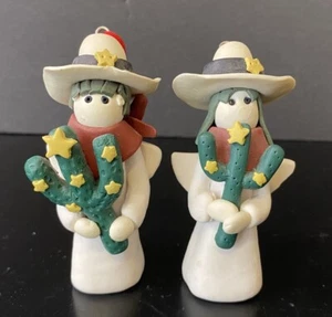 Pair Of Polymer Clay Angels Ornament Figurine Wear Mexican Hat Holding Cactus - Picture 1 of 7