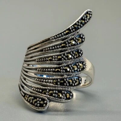 Marcasite Pirite Elegante Stile Bling Anello 925 Argento Sterling Taglie L - T - Immagine 1 di 3