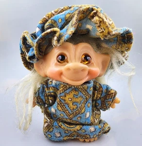 Vintage 1960s DAM Troll Doll 2.5 Mohair Amber Glass Eyes + Outfit and Hat - RARE - Picture 1 of 12