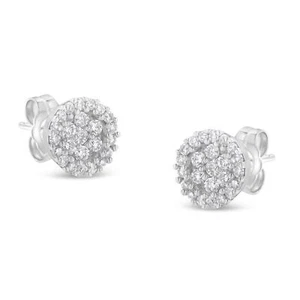 1/2 Carat Real Diamond Halo Style Cluster Stud Earrings in 14k White Gold - Picture 1 of 7