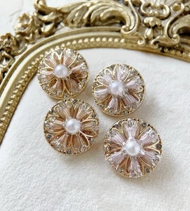5pcs 20mm Shiny gold ribbon rhinestone pearl round clothing shank button sewing - Picture 1 of 6
